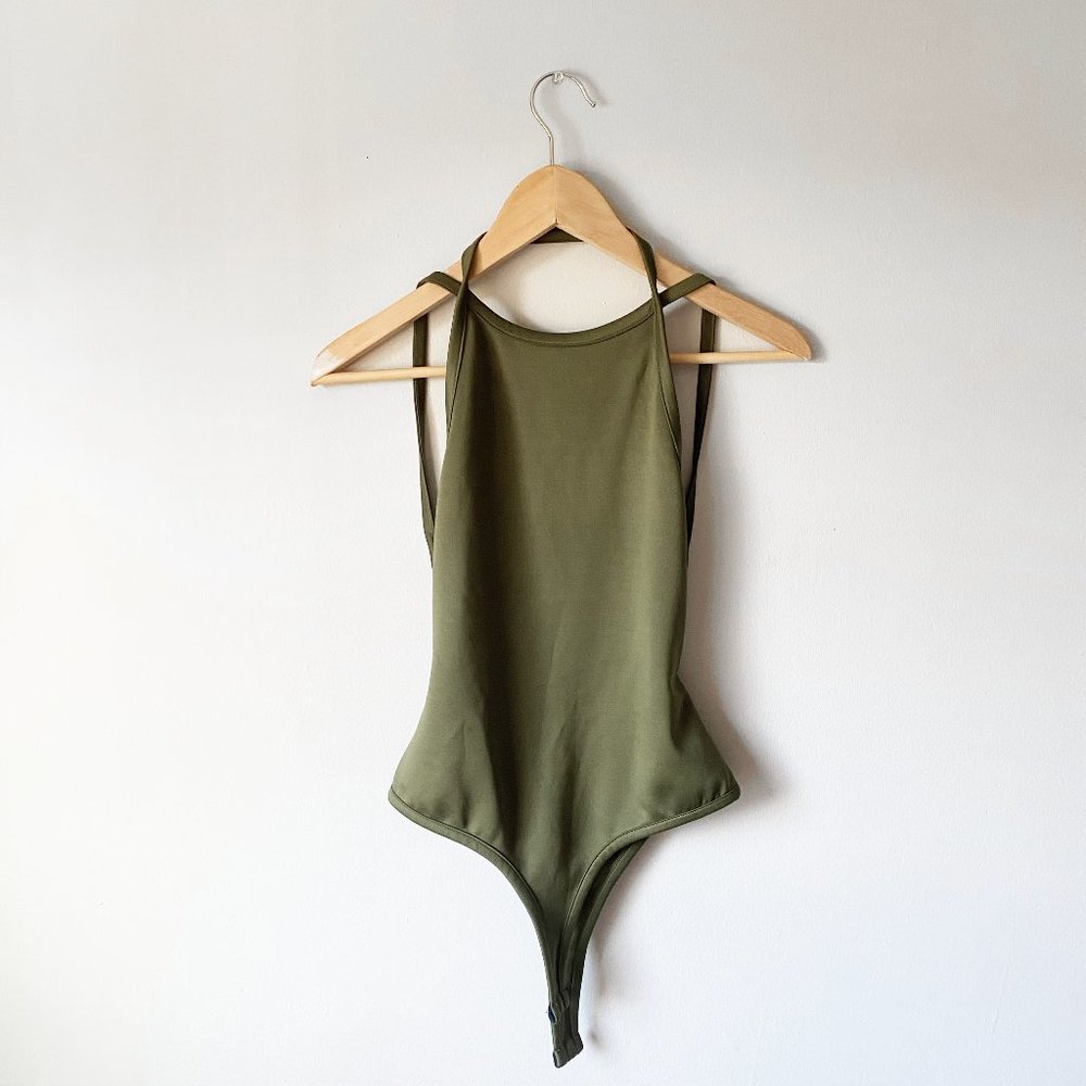 Olive Green Open Back Thong Bodysuit